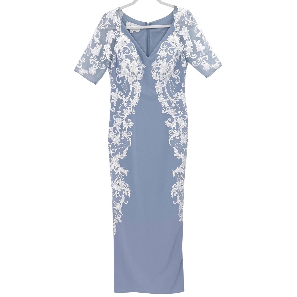Azazie Womens A10 Dusty Blue Lace Floral Applique V-Neck Maxi Sheath Dress Gown
